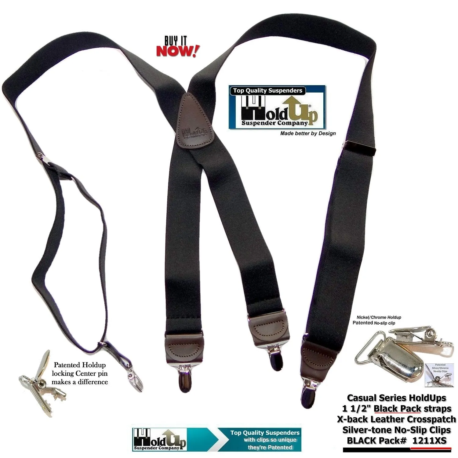 Holdup Black Pack Casual Series Suspenders X-back style with USA Patented No-slip Silver Clips