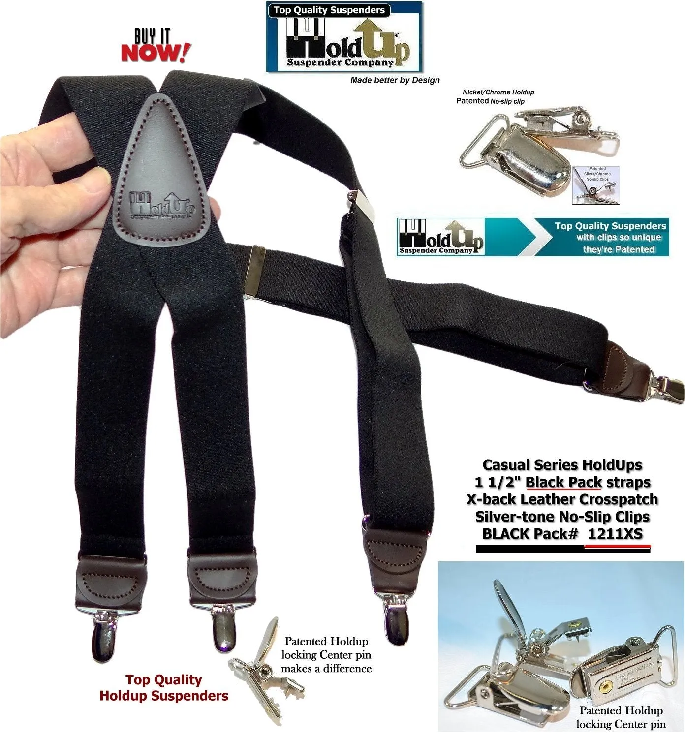 Holdup Black Pack Casual Series Suspenders X-back style with USA Patented No-slip Silver Clips