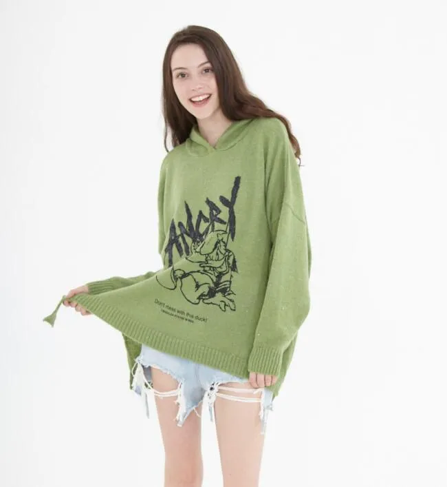 Hooded  Irregular Hem loose Women Tops Woolen Knit Sweater