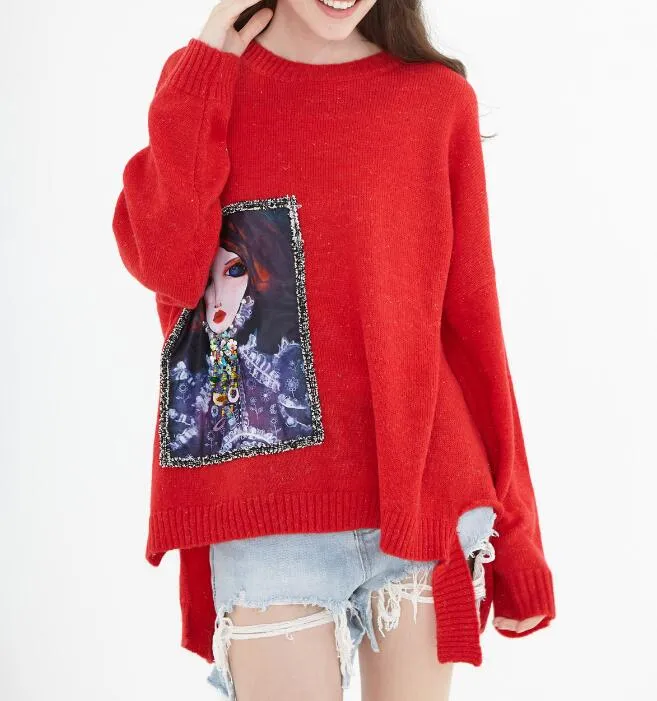 Irregular O Neck loose Women Tops Woolen Long Knit Sweater