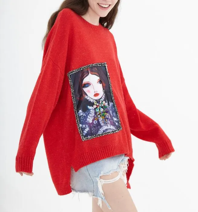 Irregular O Neck loose Women Tops Woolen Long Knit Sweater