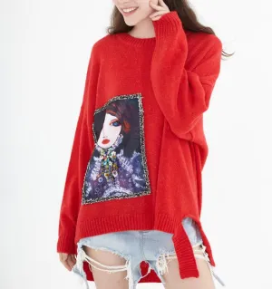 Irregular O Neck loose Women Tops Woolen Long Knit Sweater