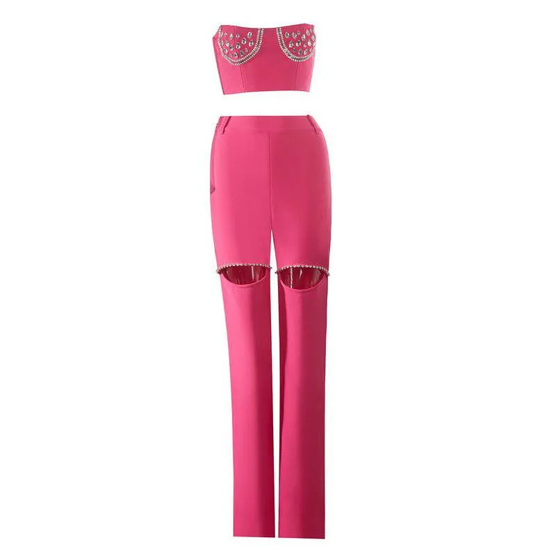 Jennie Crystal Embellished Two-Piece Pants Set