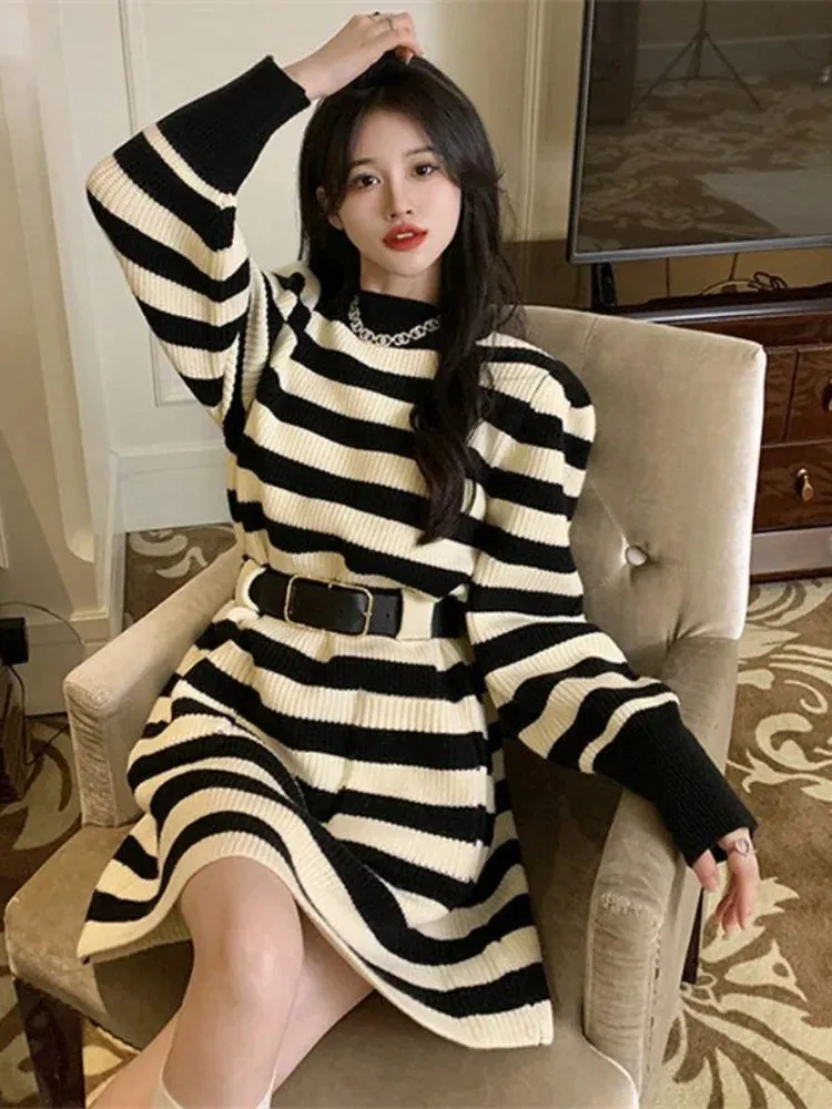 Knitted Knit Striped Sweater Dress Women Belt Korean Fashion Kpop Long Sleeve Mini Short Dresses Autumn Winter