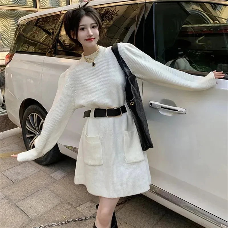 Knitted Knit Striped Sweater Dress Women Belt Korean Fashion Kpop Long Sleeve Mini Short Dresses Autumn Winter