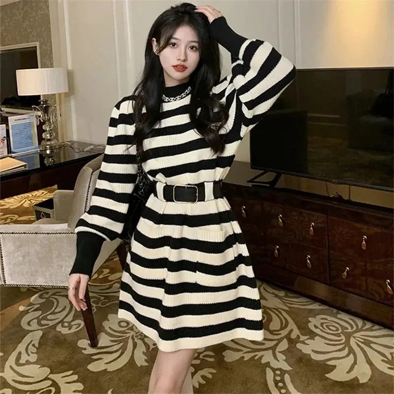 Knitted Knit Striped Sweater Dress Women Belt Korean Fashion Kpop Long Sleeve Mini Short Dresses Autumn Winter