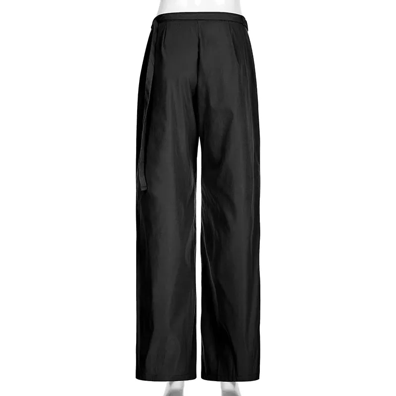 Korean Fashion Straight Leg Suit Pants Solid Basic Belted Casual Female Trousers Folds Elegant Sweatpants Chic Bottom