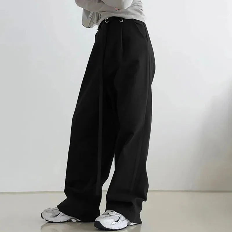 Korean Fashion Straight Leg Suit Pants Solid Basic Belted Casual Female Trousers Folds Elegant Sweatpants Chic Bottom