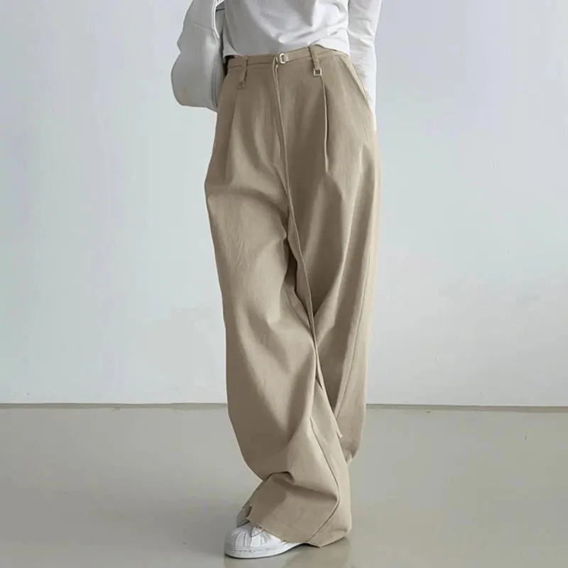 Korean Fashion Straight Leg Suit Pants Solid Basic Belted Casual Female Trousers Folds Elegant Sweatpants Chic Bottom