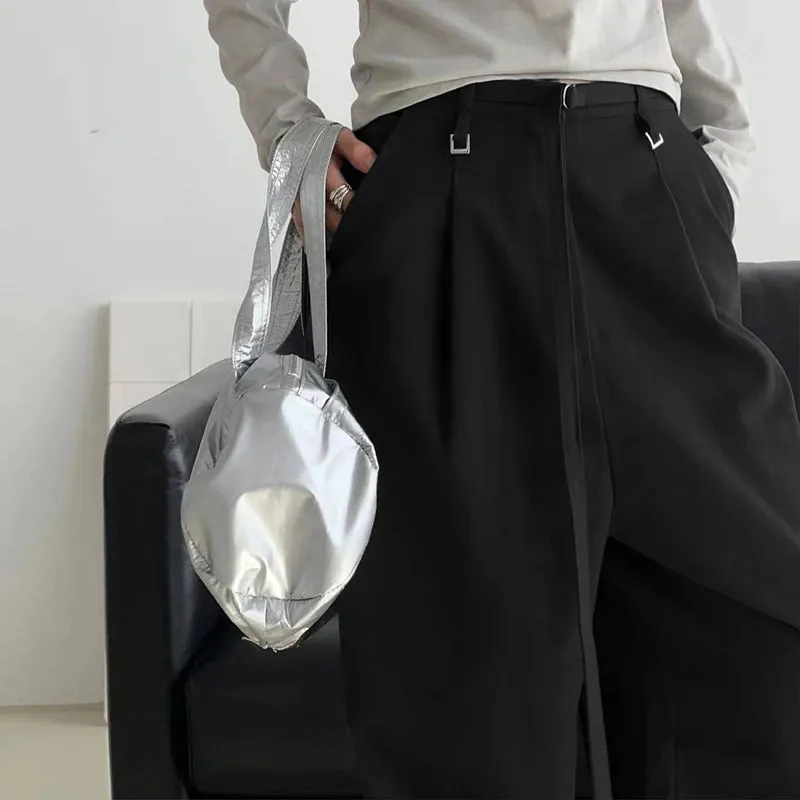 Korean Fashion Straight Leg Suit Pants Solid Basic Belted Casual Female Trousers Folds Elegant Sweatpants Chic Bottom