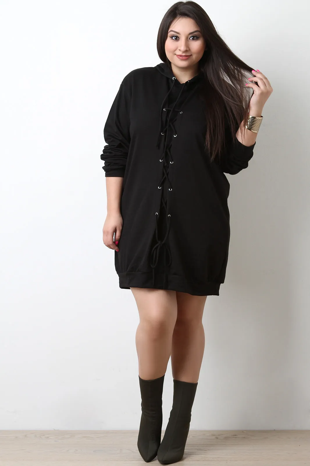 Lace-Up Hoodie Sweater Dress