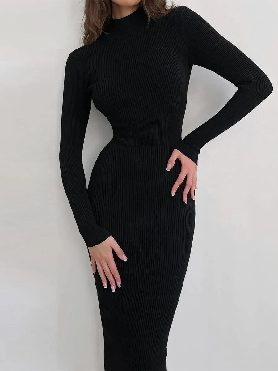 Ladies High Neck Bodycon Mini/Midi Sweater Dress FQD0941/FQD0942