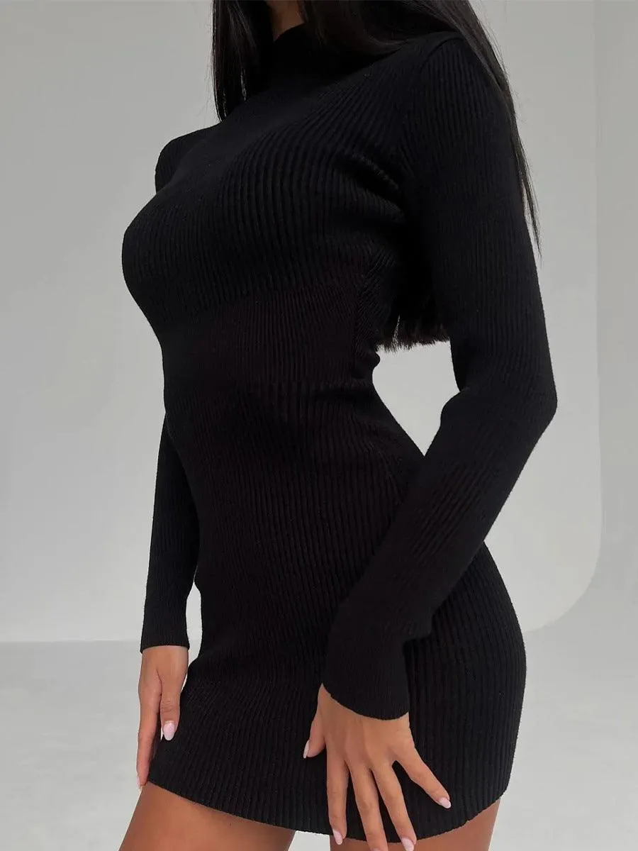 Ladies High Neck Bodycon Mini/Midi Sweater Dress FQD0941/FQD0942