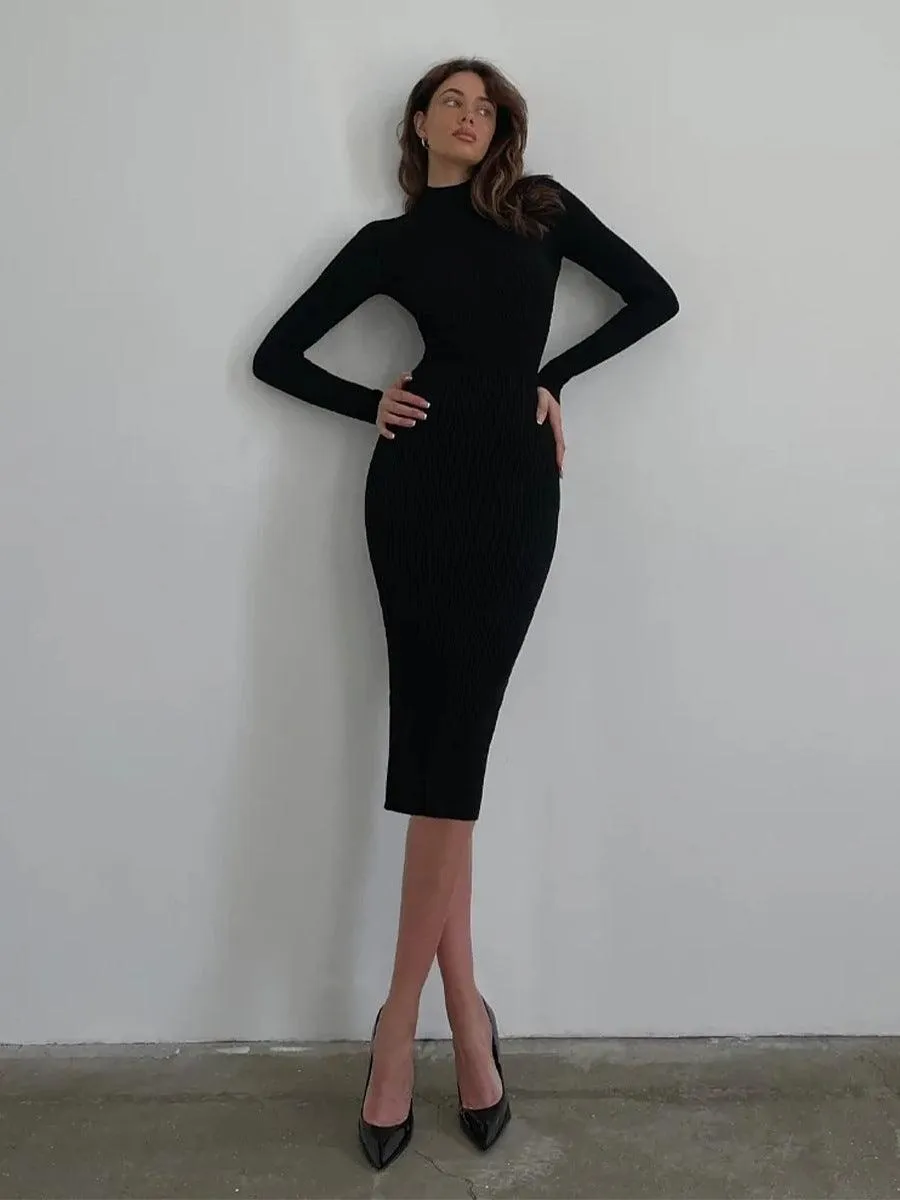 Ladies High Neck Bodycon Mini/Midi Sweater Dress FQD0941/FQD0942