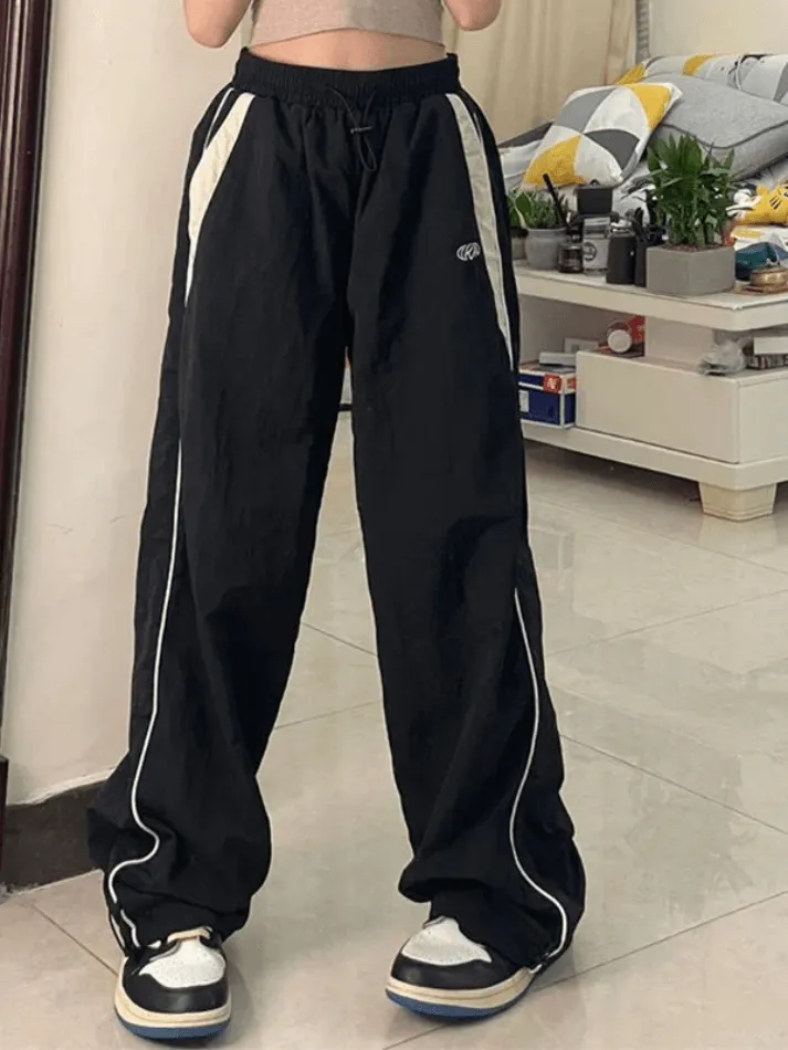 LANFUBEISI - Contrast Piping Black Baggy Sweatpants