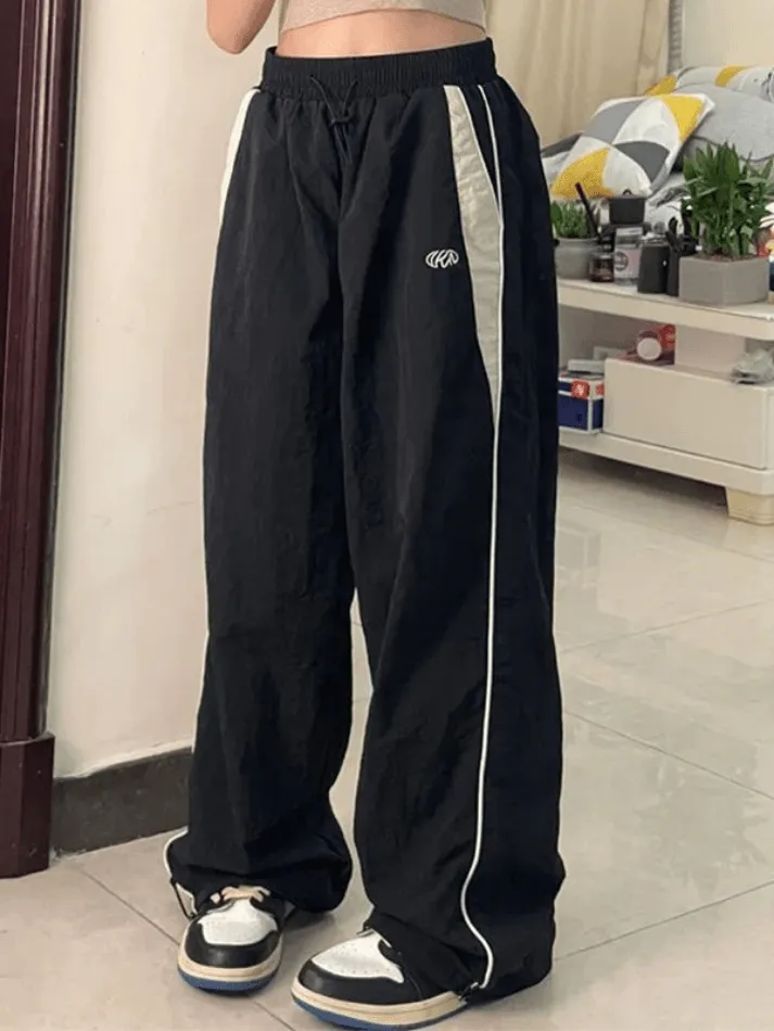 LANFUBEISI - Contrast Piping Black Baggy Sweatpants