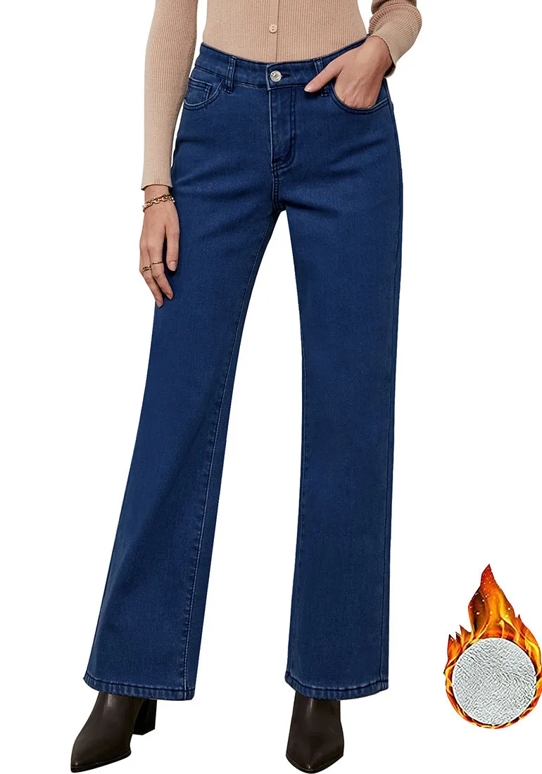 Lapis Storm Women's Baggy Denim High Waisted Straight Leg Fleece Lined Winter Pants