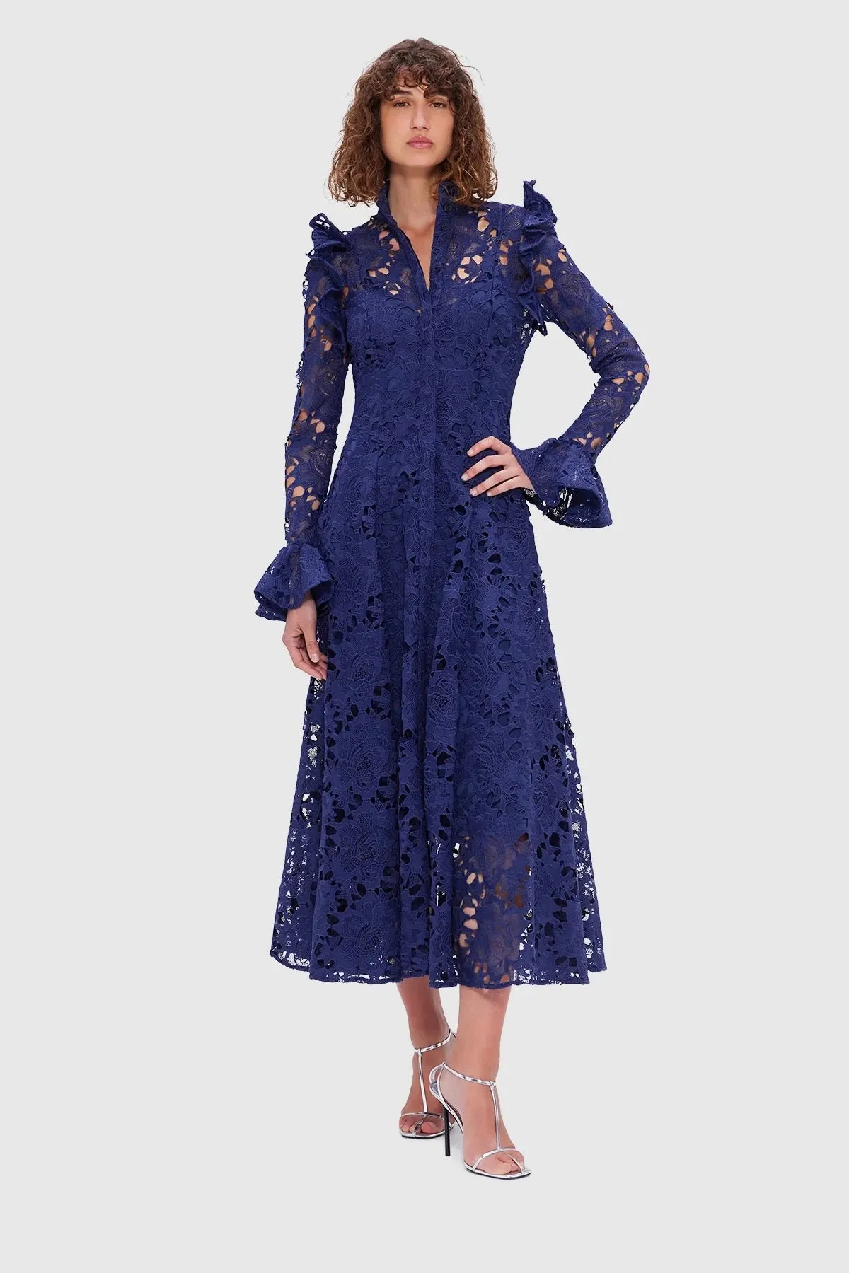 Leo Lin Aliyah Lace Butterfly Sleeve Midi Dress - Oxford Blue