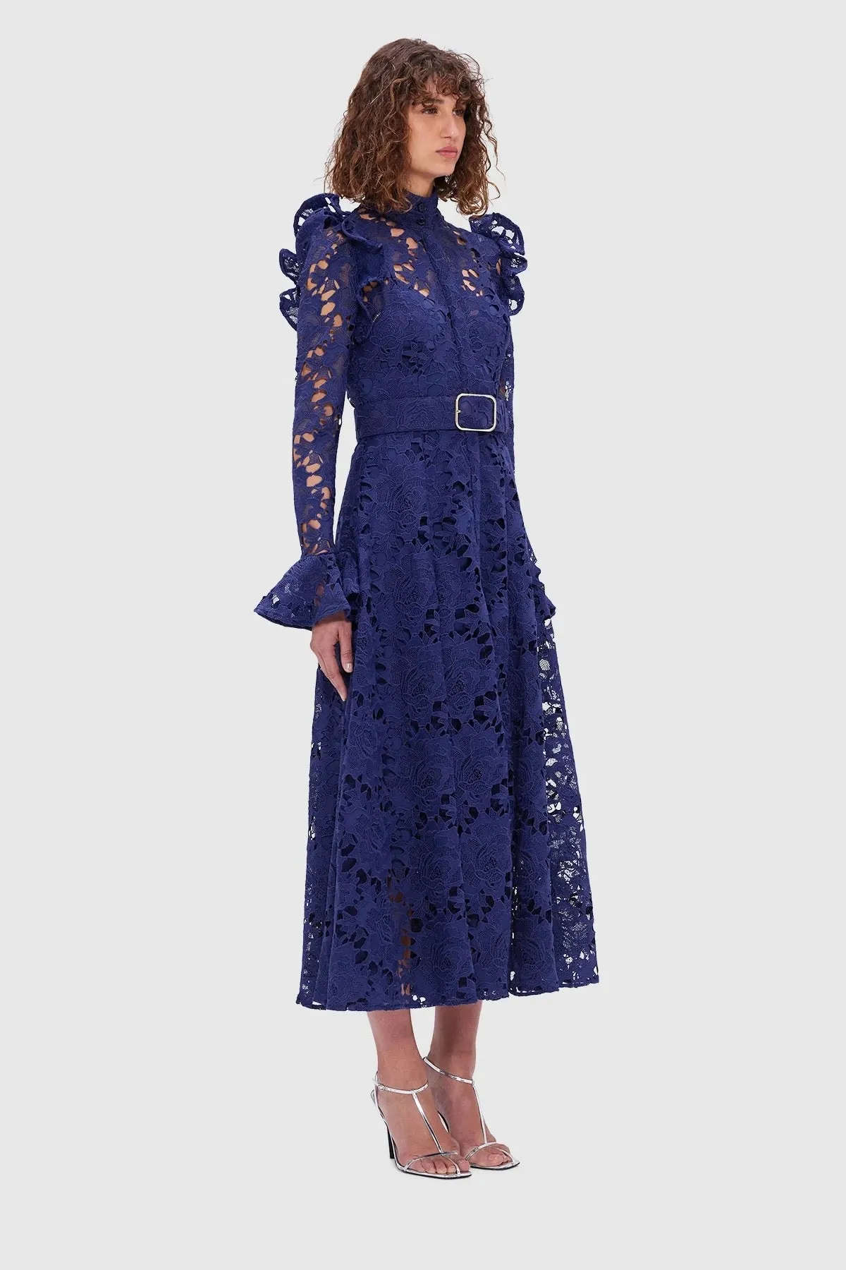 Leo Lin Aliyah Lace Butterfly Sleeve Midi Dress - Oxford Blue