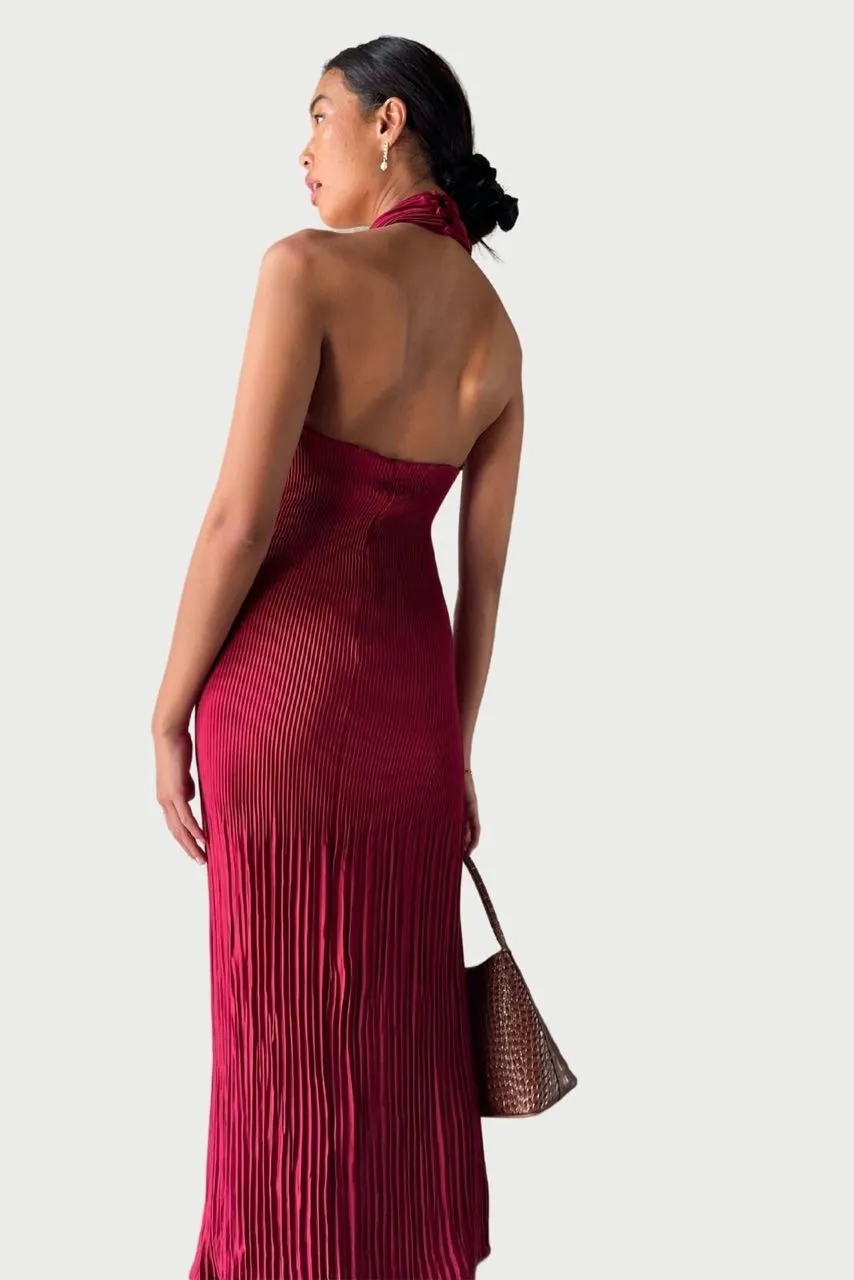 L'idée Soirée Pleated Halter Dress - Ruby