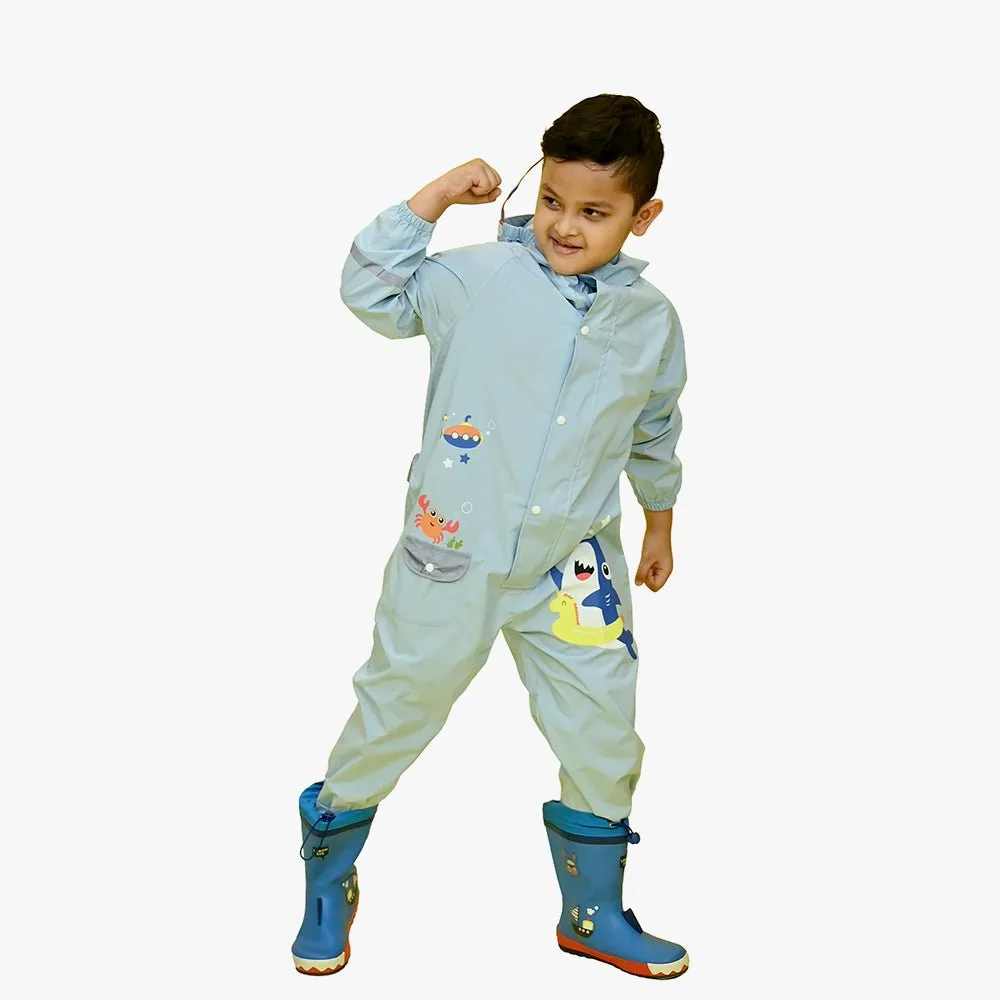 Light Blue Submarine theme full Jumpsuit Style Raincoat for Toddlers and Kids