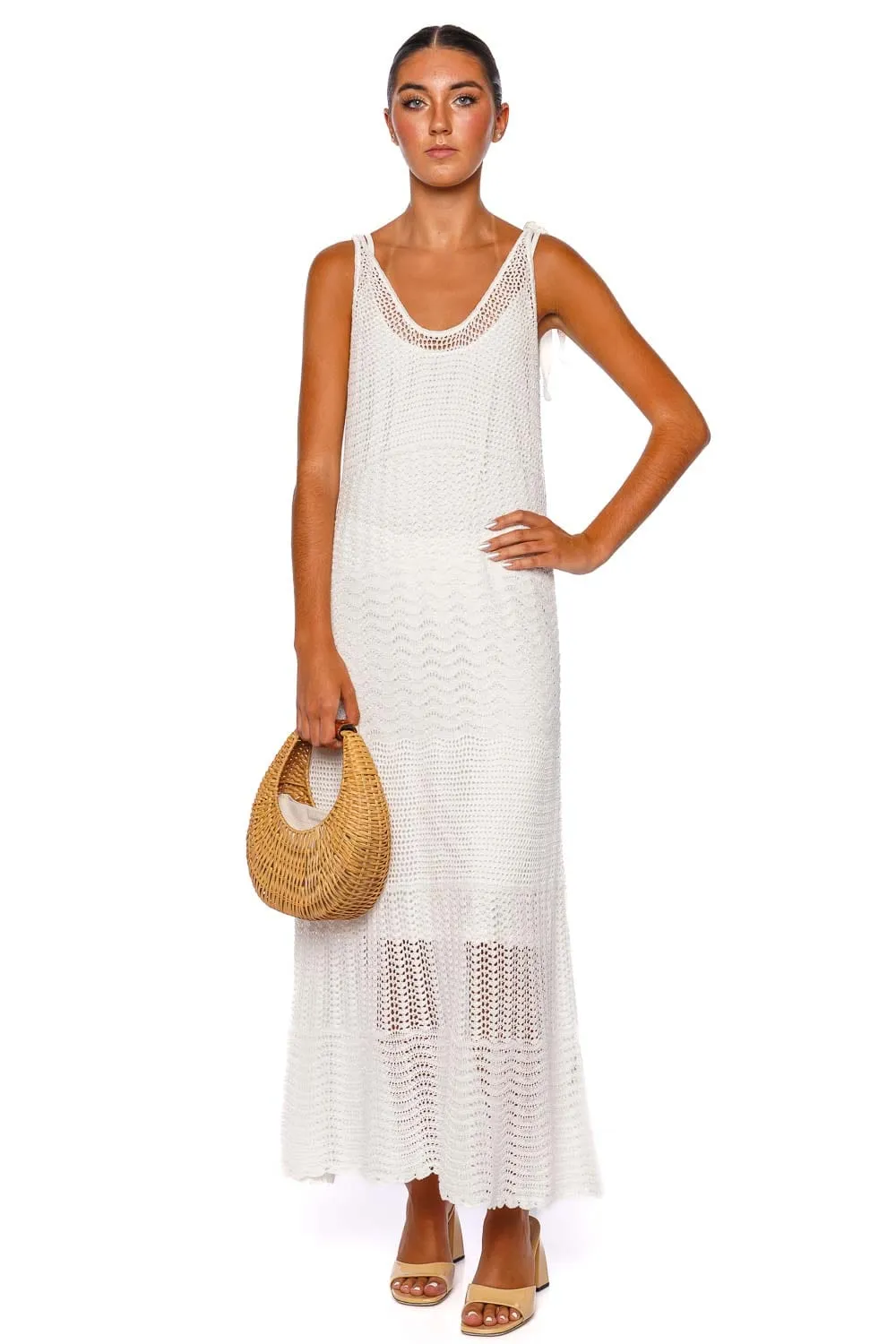 Lightburst Ivory Textured Crochet Midi Dress