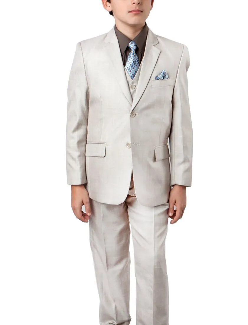 Lite Beige Sharkskin Boys Suit Set with Vest