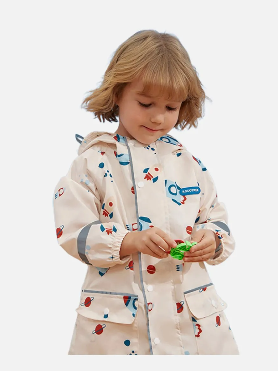 Little Surprise Box Kids Raincoat Jacket Style Rocket Galaxy Theme, Cream