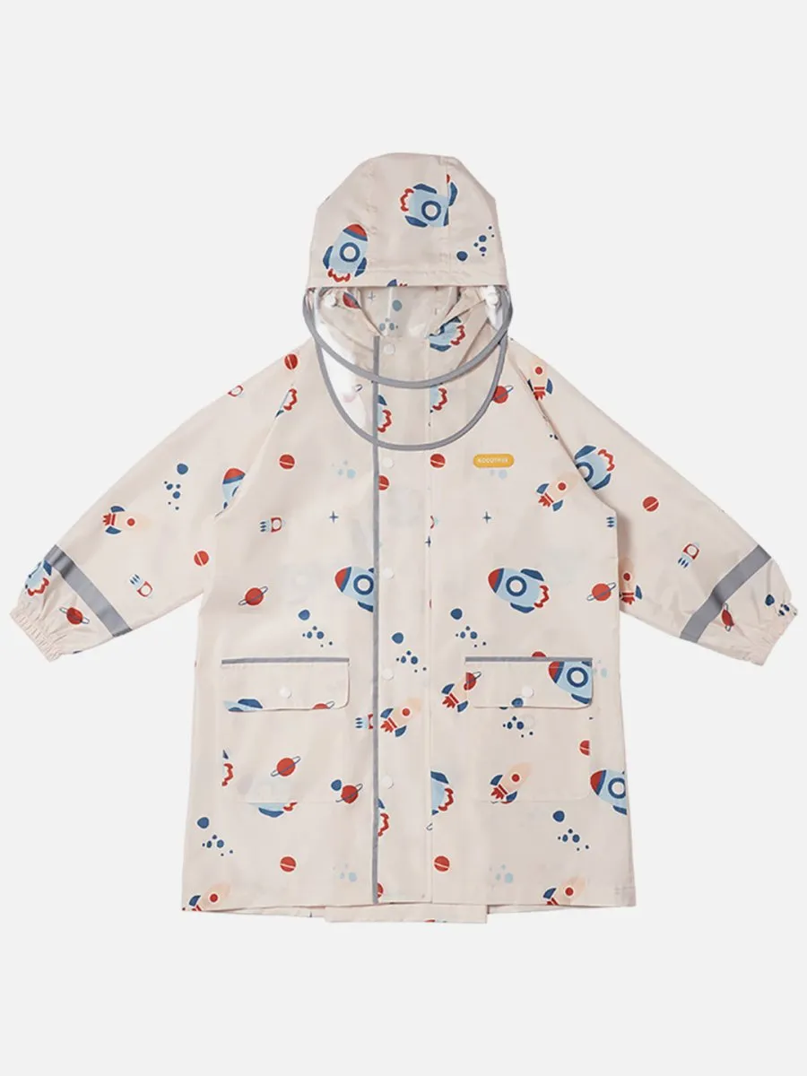 Little Surprise Box Kids Raincoat Jacket Style Rocket Galaxy Theme, Cream