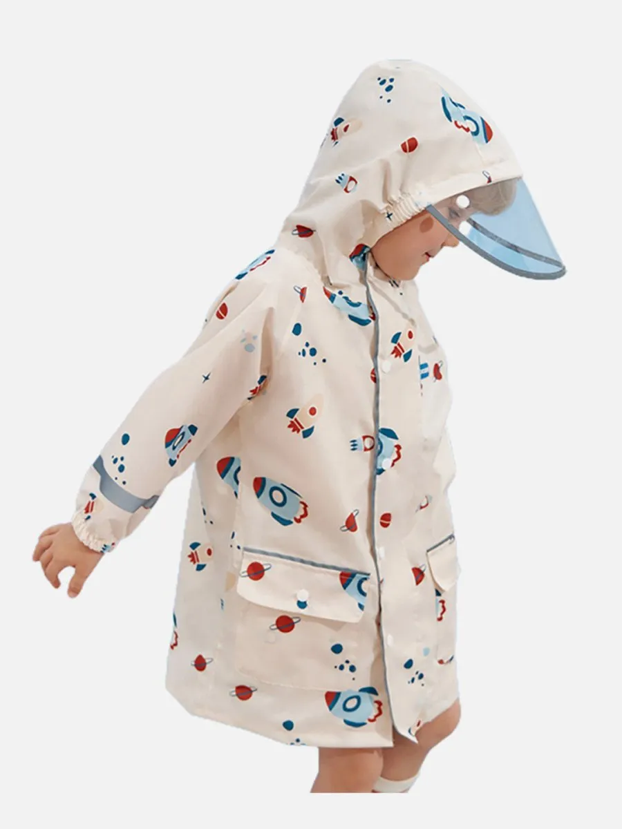 Little Surprise Box Kids Raincoat Jacket Style Rocket Galaxy Theme, Cream