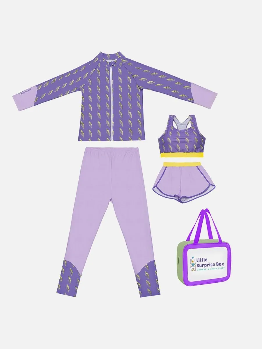 Little Surprise Box,3 pcs Purple Thunder Bolt Matching Top, leggings & Jacket style Swimwear set for Pre Teens & Teens(140)