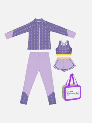 Little Surprise Box,3 pcs Purple Thunder Bolt Matching Top, leggings & Jacket style Swimwear set for Pre Teens & Teens(140)