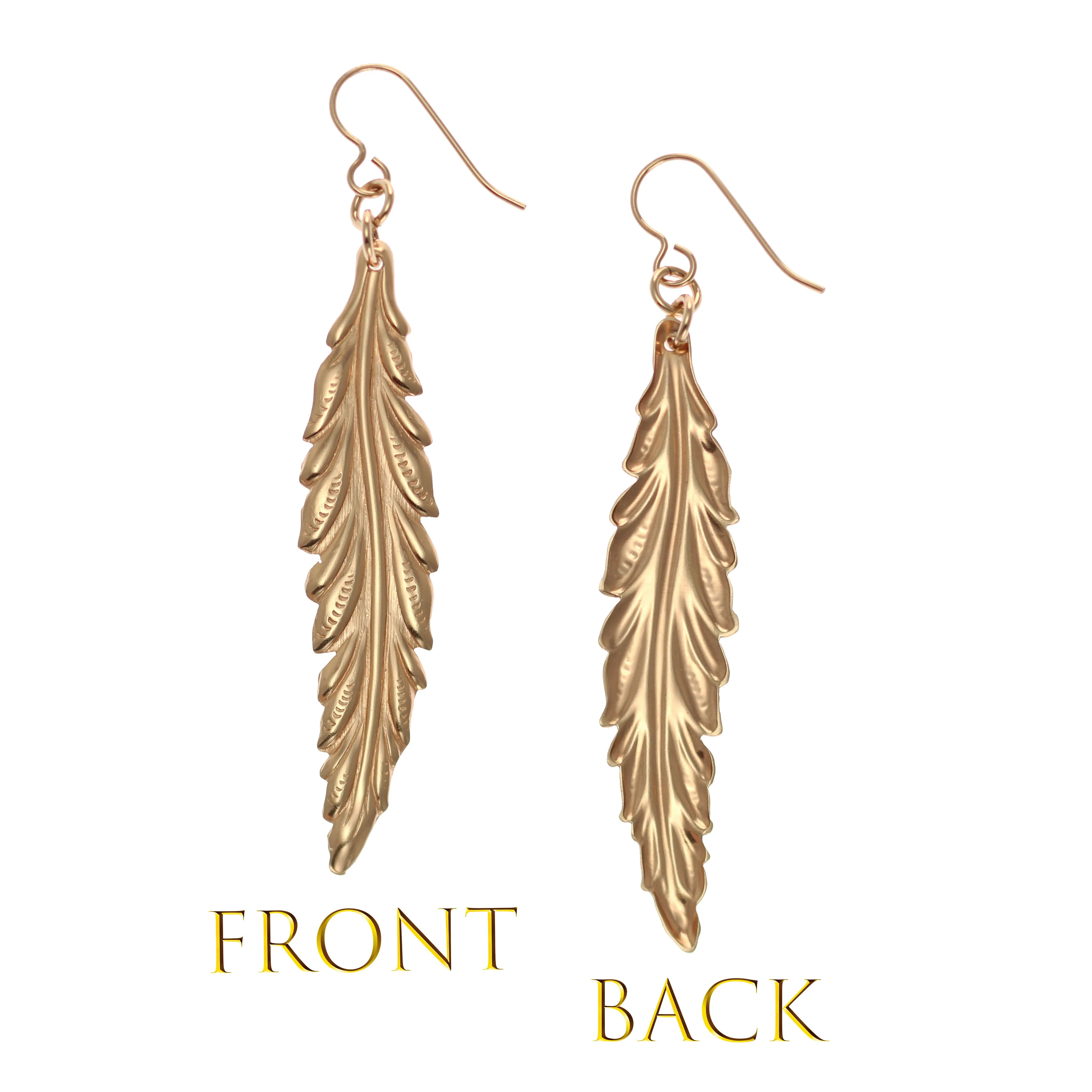 Long Feather Bronze Drop Earrings