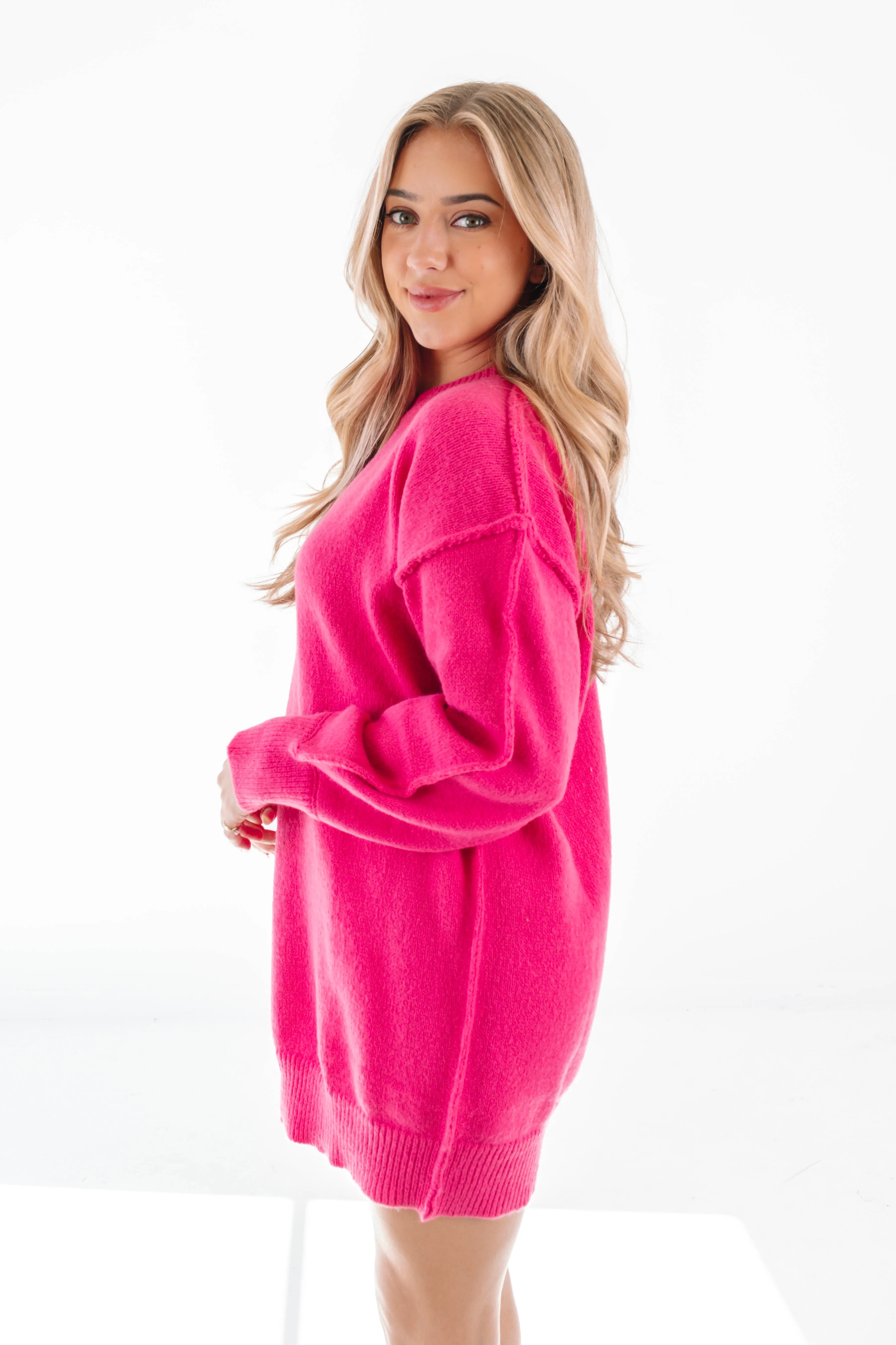 Long Time Coming Sweater Dress - Hot Pink