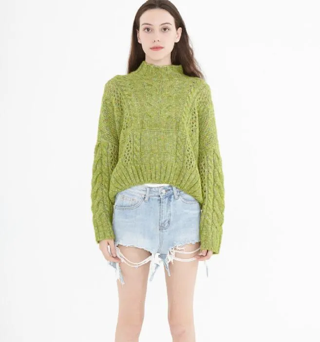 loose High Collar Short Style Women Tops Woolen Knit Sweater