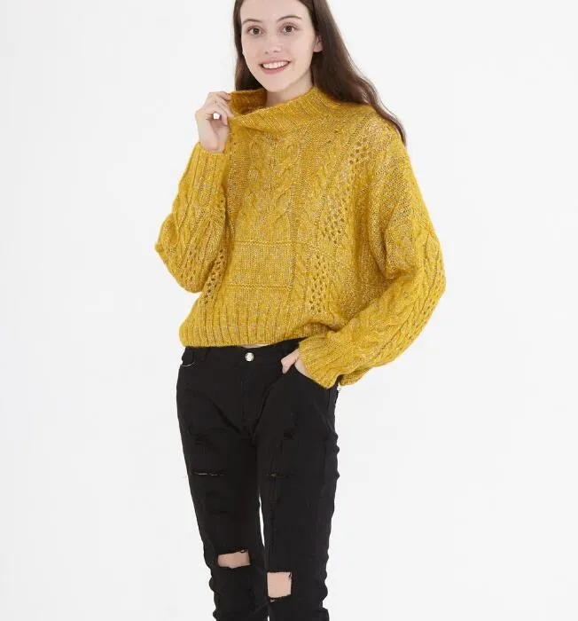 loose High Collar Short Style Women Tops Woolen Knit Sweater