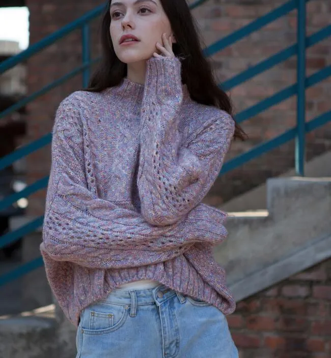 loose High Collar Short Style Women Tops Woolen Knit Sweater