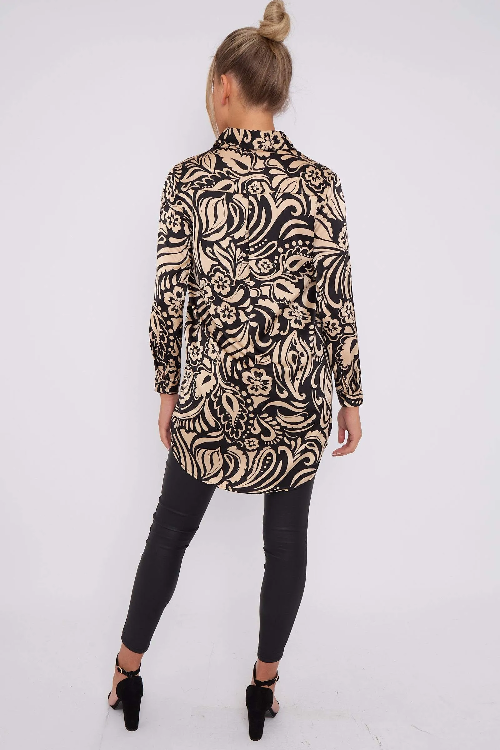 LOVE SUNSHINE Black And Beige Paisley Print Satin Long Shirt