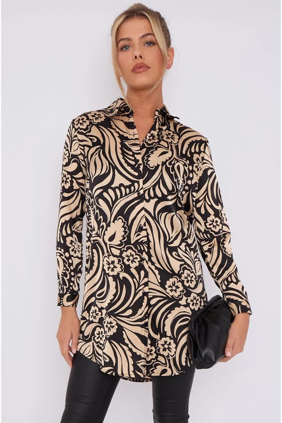 LOVE SUNSHINE Black And Beige Paisley Print Satin Long Shirt