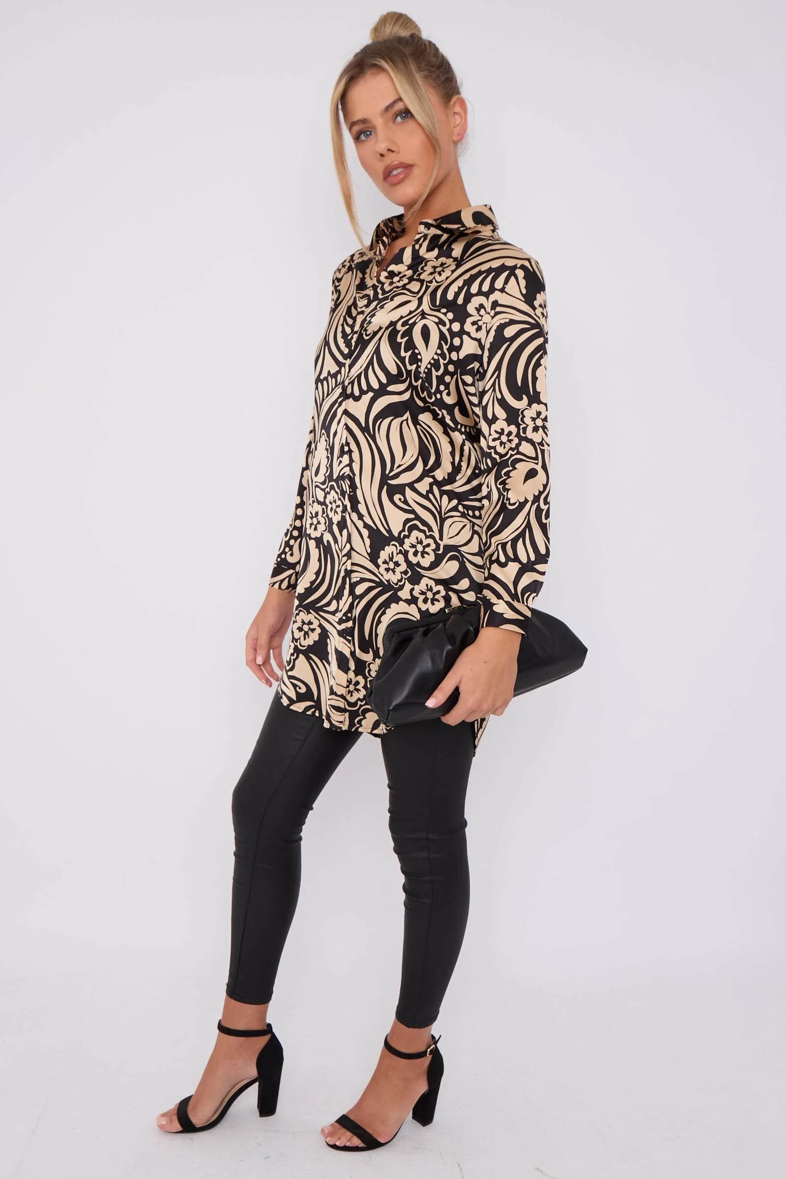 LOVE SUNSHINE Black And Beige Paisley Print Satin Long Shirt