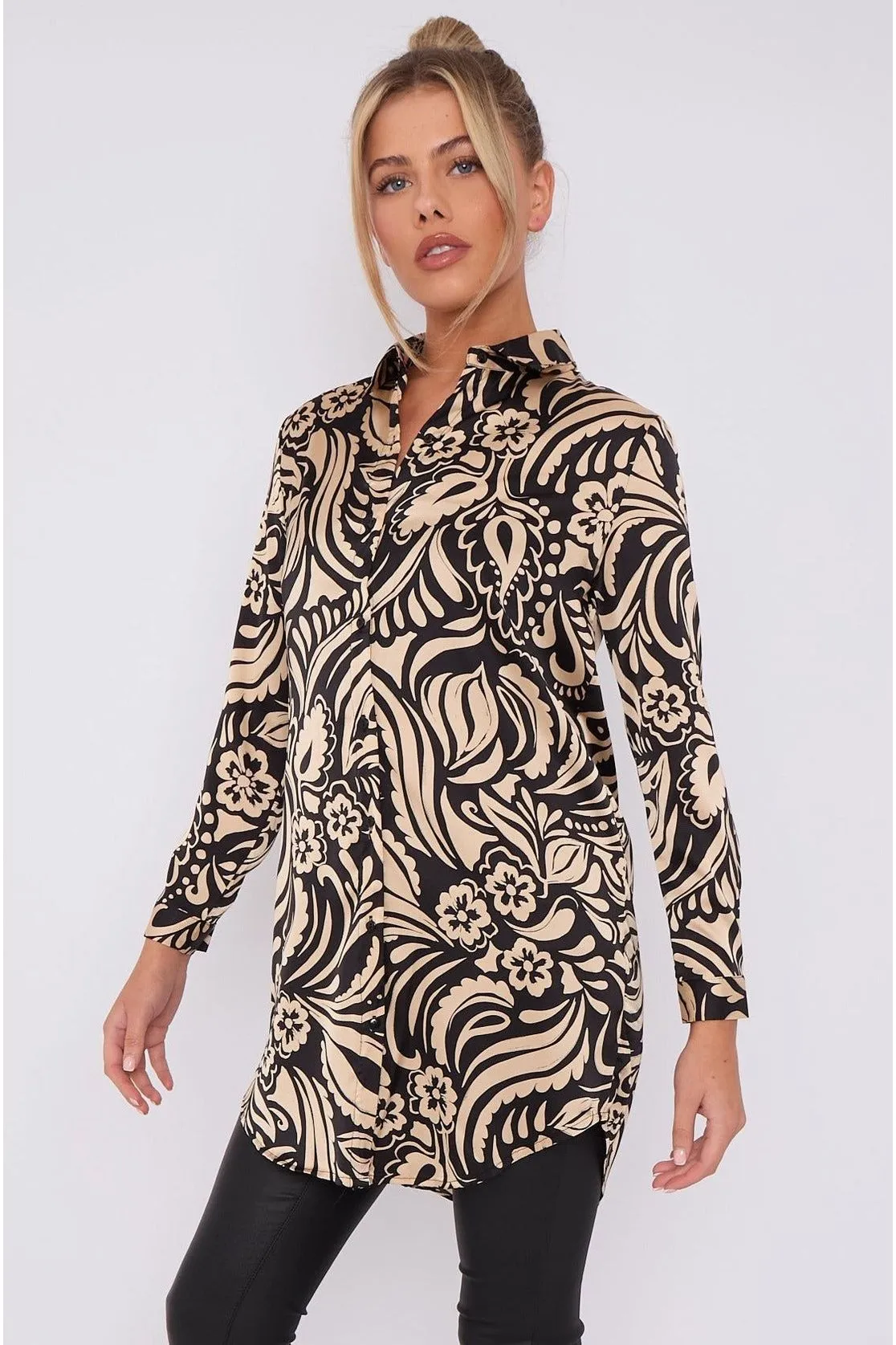 LOVE SUNSHINE Black And Beige Paisley Print Satin Long Shirt