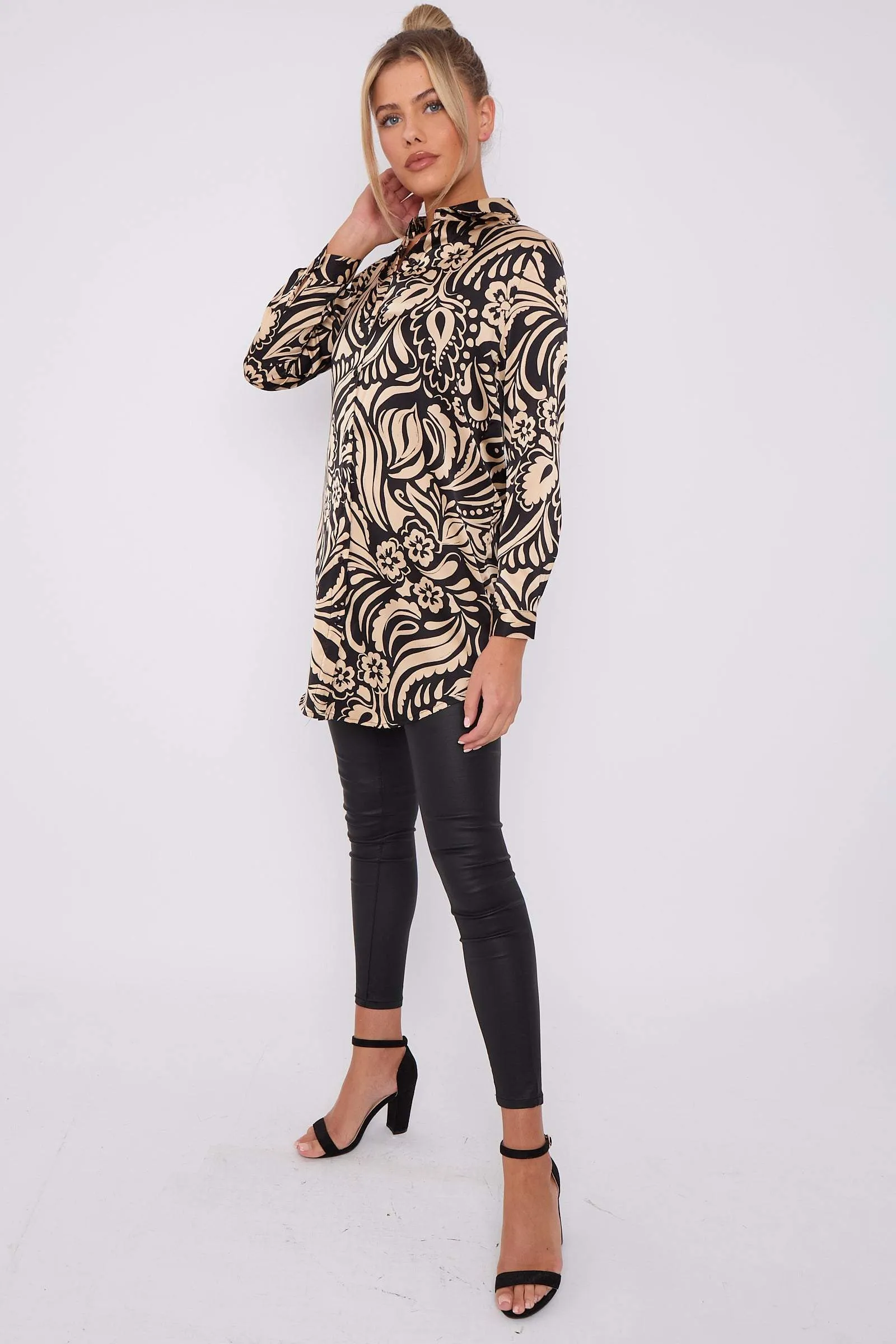 LOVE SUNSHINE Black And Beige Paisley Print Satin Long Shirt