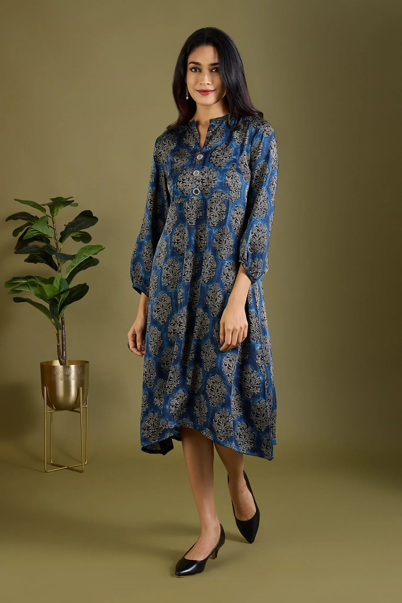 Luxe Copper Dawn & Indigo Modal Silk Patch Pocket Dress