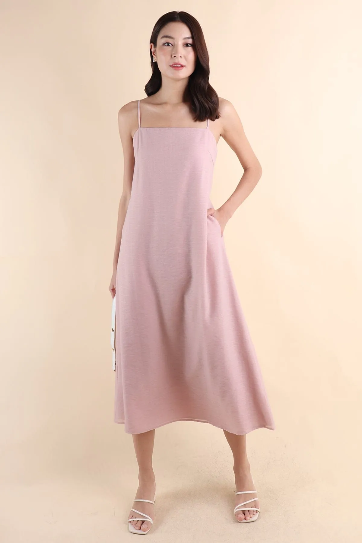 LYN SLIP MIDI DRESS IN DUSTY PINK