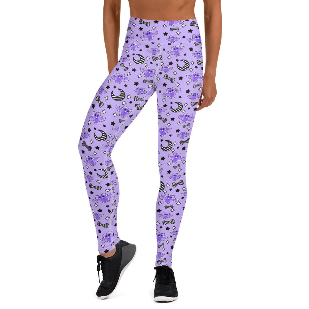 Magical Kawaii Spooky Bats Purple Yoga Leggings