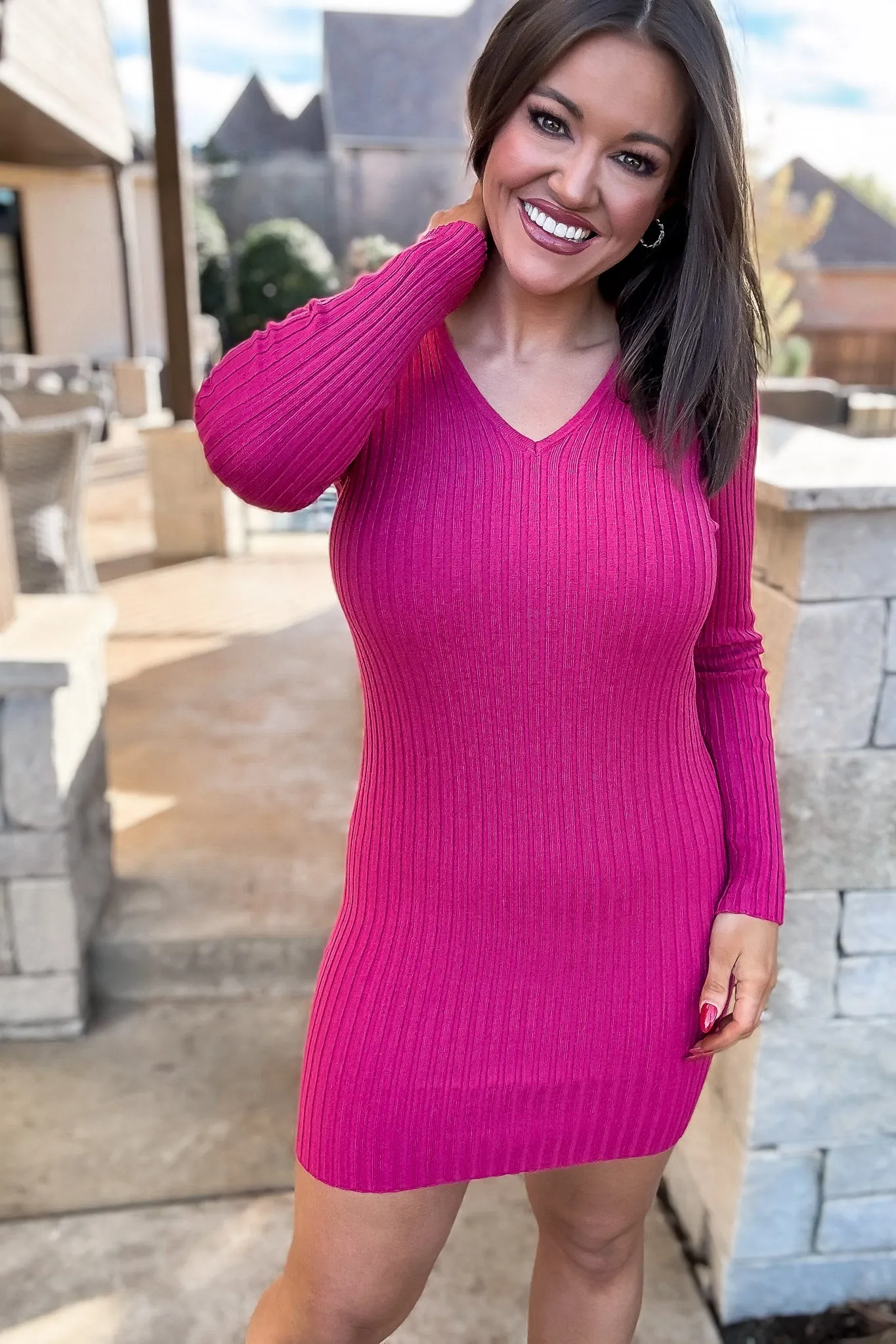 Make It Better Magenta Long Sleeve Double V-Neck Sweater Mini Dress