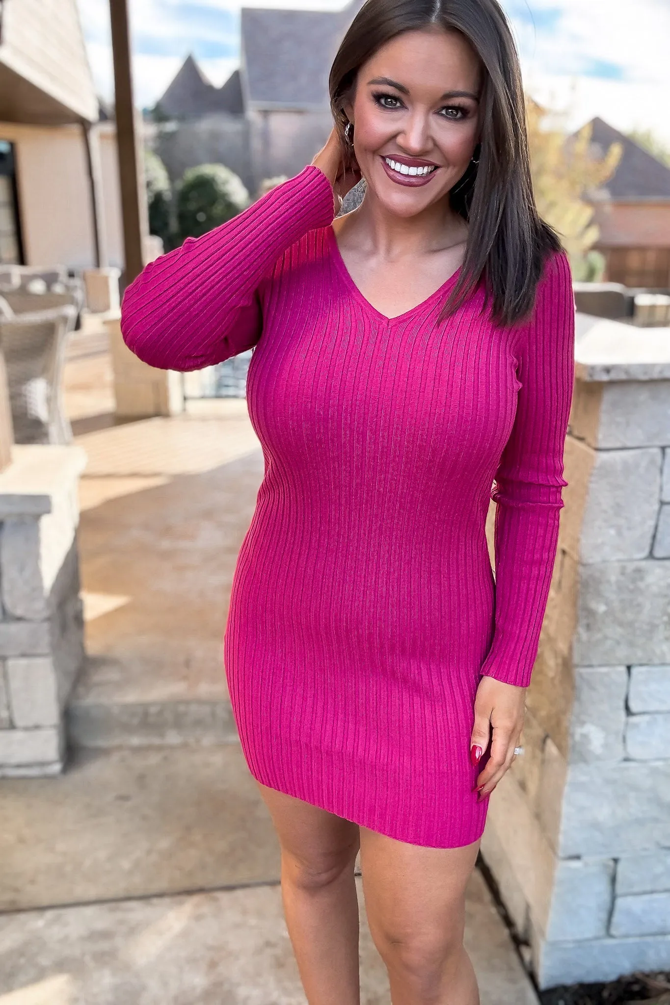 Make It Better Magenta Long Sleeve Double V-Neck Sweater Mini Dress