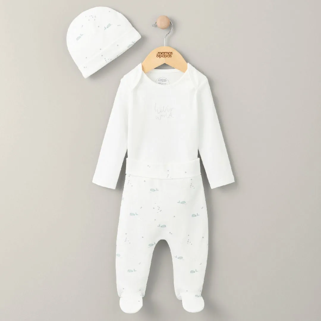 Mamas and Papas White Bodysuit, Whale Printed Pants & Beanie -3 Piece Set