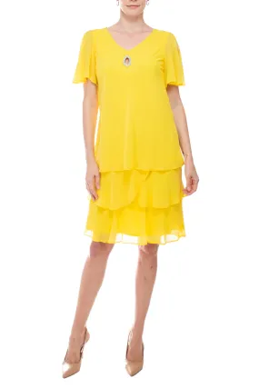 Marina crew neck embellished keyhole front short sleeve tiered solid chiffon dress