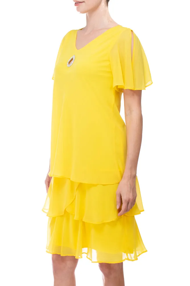 Marina crew neck embellished keyhole front short sleeve tiered solid chiffon dress